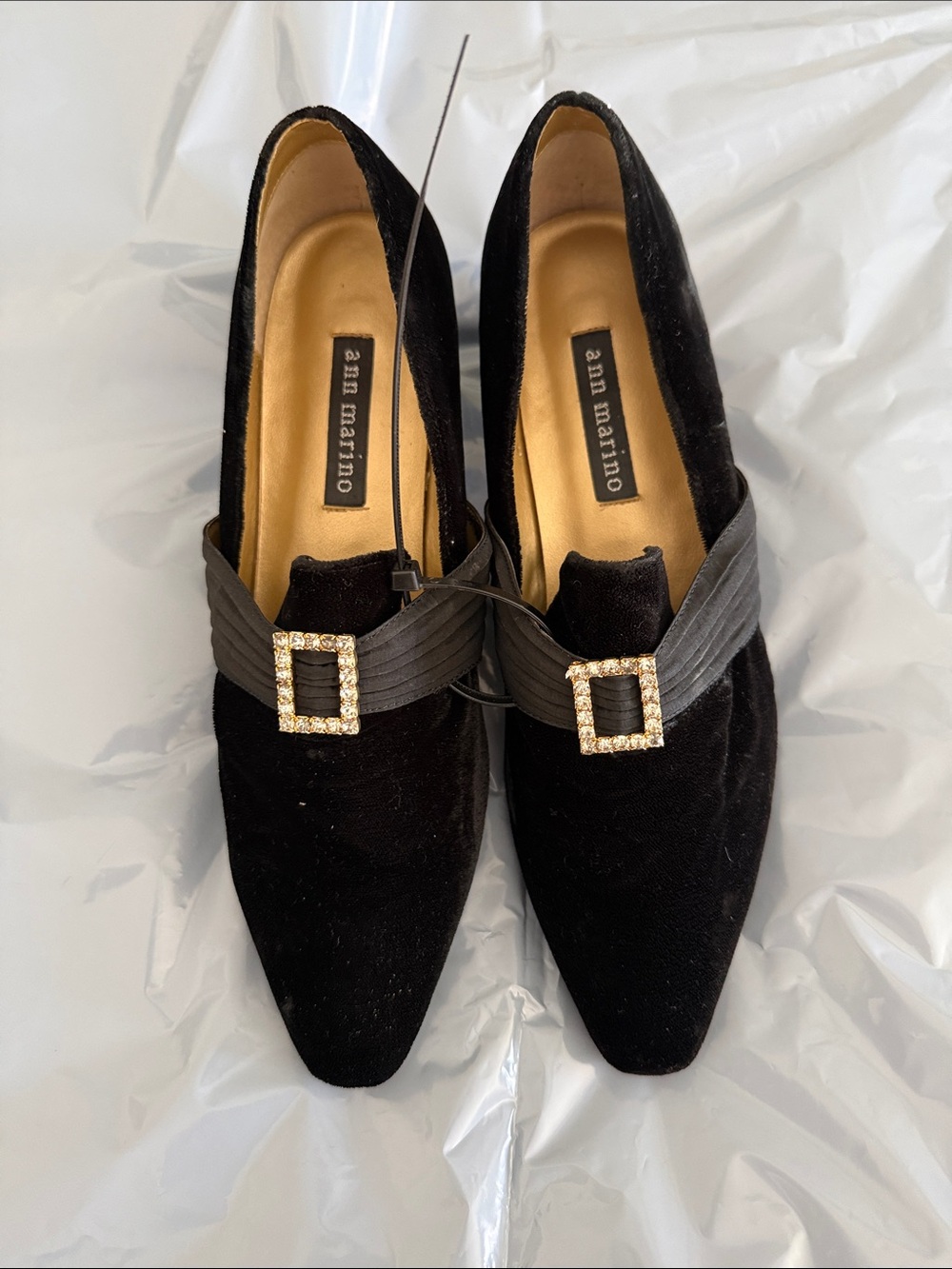 Ann Marino Black Velvet Pointed Toe Pumps with Rhinestone Buckle Strap